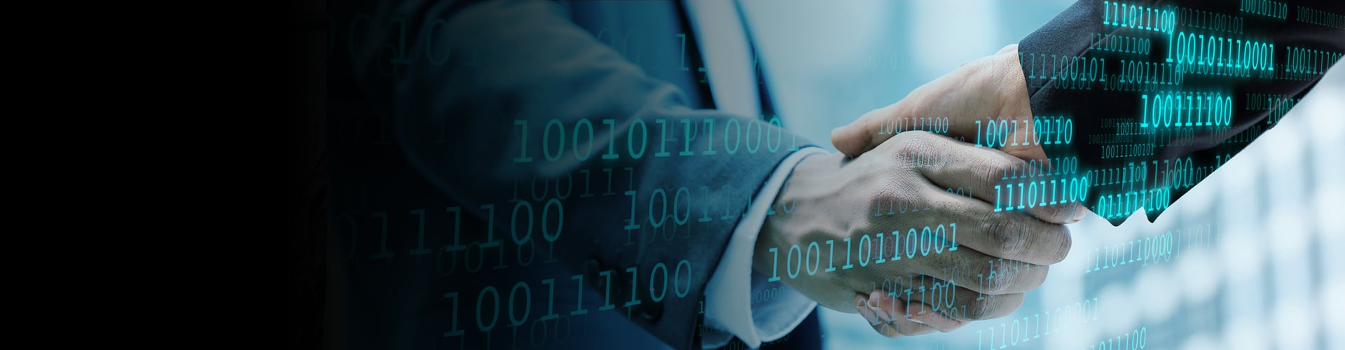 Two men shaking hands behind a screen of blue glowing binary numbers