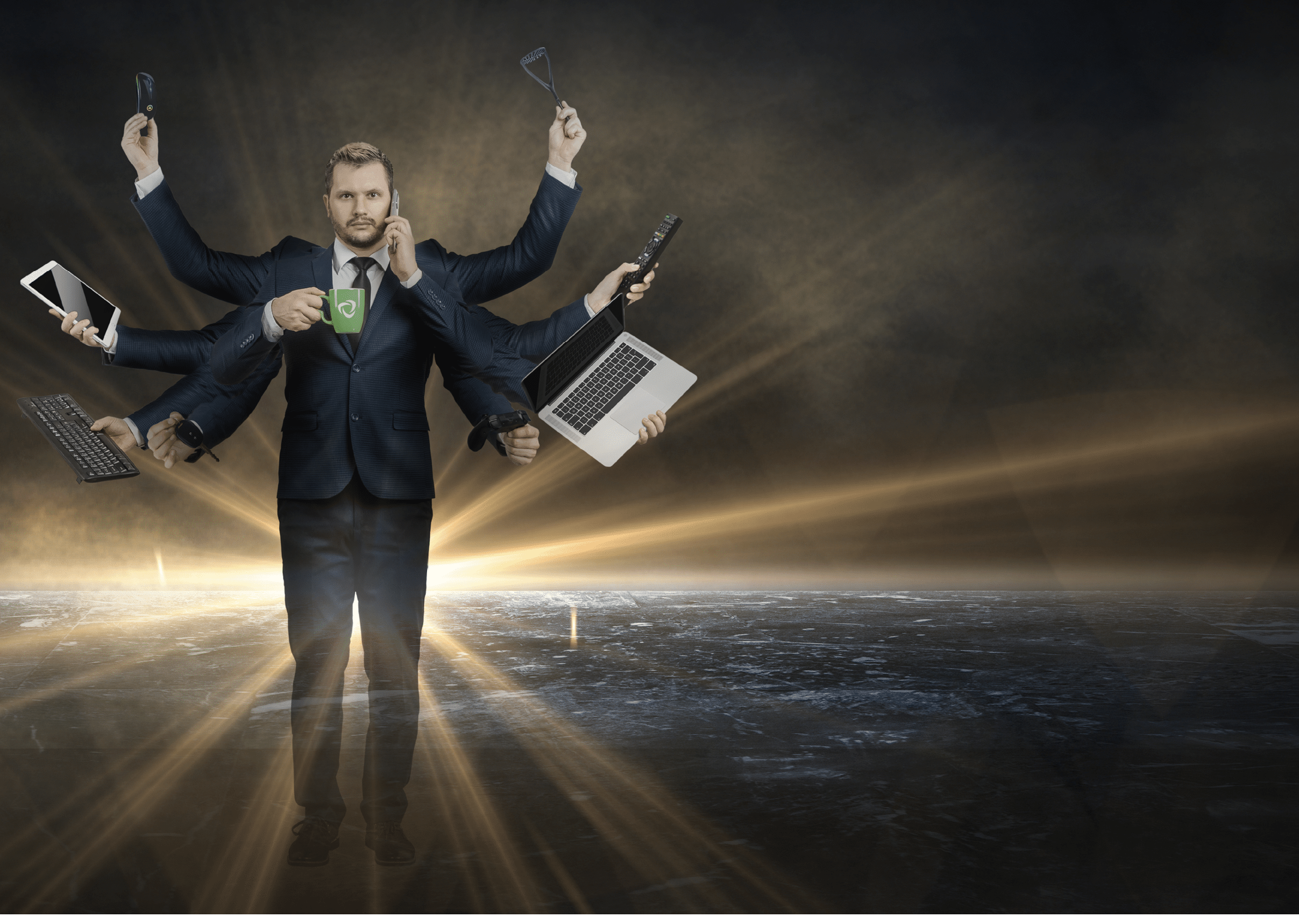 Businessman with many hands in a suit  Works simultaneously with several objects, a mug, a magnifying glass, papers, a contract, a telephone  Multitasking, efficient business worker concept